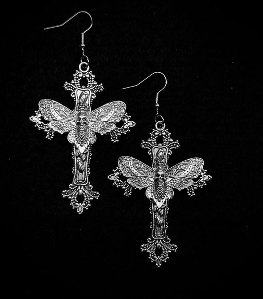 Gothic Moth Cross Earrings
